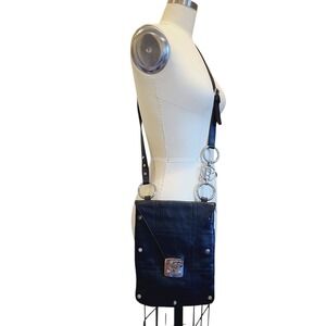 Bolzano Black Leather Crossbody Bag Silver Ring Hardware Studs Purse